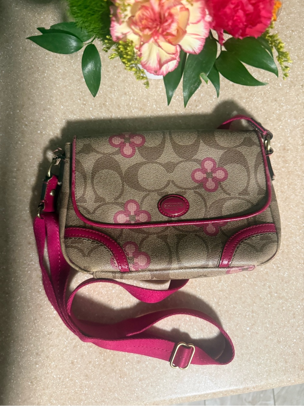 Coach Signature Crossbody with Pink Floral Accents